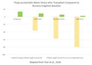 The relative change in mean height growth (%) and mean height growth from June to September (cm) of four water stress treatments of 0, 25, 50, and 75% of Thuja occidentalis. (Tran et.al., 2018)