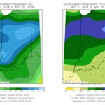 Figure 3: Left – Indiana precipitation totals for April 2024. Right – Indiana’s April 2024 precipitation totals represented as the percent of the 1991-2020 climatological average.